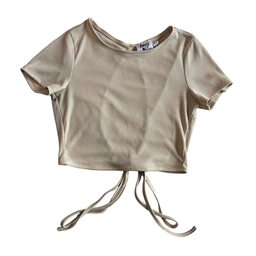 Princess Polly Women's 4 Beige Ribbed Crop Top Open Back Short Sleeve